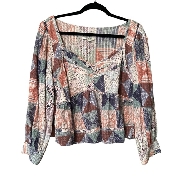 American Eagle Pink Multicolor Patchwork Peplum Babydoll Top Womens Large - Picture 2 of 6